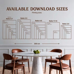 May include: A graphic showing available download sizes for prints, including ISO, Ratio 5:7, 2:3, 4:5, 11:14, and 3:4 formats. Measurements are in centimeters and inches. A dining table with a marble top and four chairs is in the foreground.