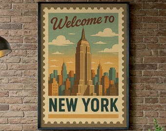 Vintage New York City Poster, Retro Travel Stamp Wall Art, NYC Print Empire State Building, Skyline Decor, Gift for Him, Office Wall Decor