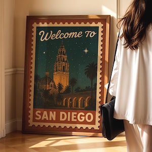 Willkommen in San Diego druckbare Stadt Poster DIGITAL DOWNLOAD, Balboa Park Vintage Stempel Stil Wandkunst, druckbare Wahrzeichen von Kalifornien