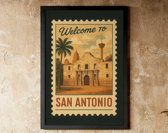 San Antonio Travel Poster: The Alamo Vintage Stamp Wall Art (Digital Download)