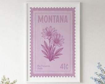 Montana Reise Poster: Bitterroot Blume Vintage Briefmarke Stil Wandkunst (Digitaler Download)