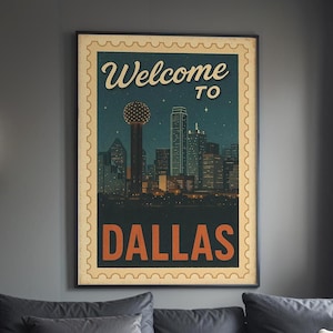 Póster imprimible de la ciudad de Dallas (DESCARGA DIGITAL), impresión artística con sello de horizonte retro, decoración de pared vintage de Texas para alquilar en casa.