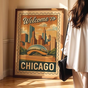 Póster imprimible del horizonte de Chicago (descarga digital), sello retro de Cloud Gate, decoración de pared imprimible de Chicago Bean vintage
