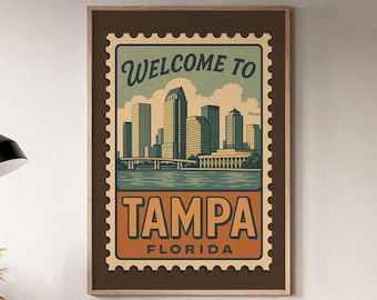 Póster turístico de Tampa, Florida: Arte mural estilo sello vintage del horizonte de Tampa (Descarga digital)