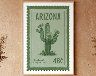 Arizona Travel Poster: Saguaro Cactus Blossom Vintage Stamp Style Wall Art (Digital Download)