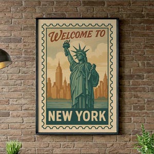 Vintage New York Travel Poster, Statue of Liberty, Retro NYC Skyline (Digital Download)