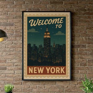 New York City Travel Poster: Empire State Building Retro Stamp Print (Digital Download)