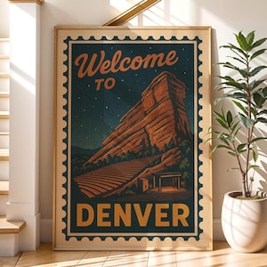 Welcome to Denver Red Rocks Poster, Retro Colorado DIGITAL DOWNLOAD, Vintage Stamp Style Printable Wall Art, Rocky Mountains Travel Decor