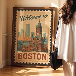 Póster imprimible de la ciudad de Boston (DESCARGA DIGITAL), arte de iglesia y horizonte estilo sello vintage, decoración de pared retro de Massachusetts