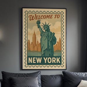 Bienvenido a Nueva York (DESCARGA DIGITAL), Póster vintage de Nueva York, Arte mural de la Estatua de la Libertad, Imprimible de viaje a Nueva York, Decoración del horizonte de la ciudad