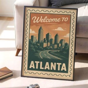 Willkommen in Atlanta Prinatble City Poster DIGITAL DOWNLOAD, Vintage Stamp Style Skyline Art, Retro Georgia Wanddekor, druckbares Reisegeschenk
