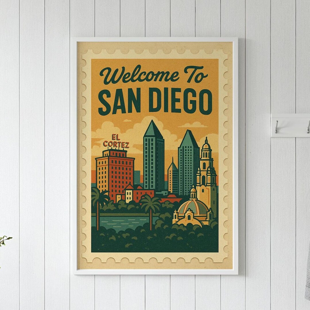 San Diego Travel Poster: City Skyline Vintage Stamp Style Wall Art ...