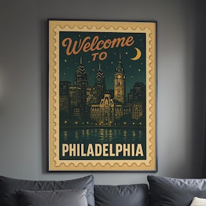 Philadelphia Night Skyline Poster, Vintage Briefmarke DIGITAL DOWNLOAD, druckbare Philly Kunst, Halbmond Mond Urban Wand Dekor, USA Druck