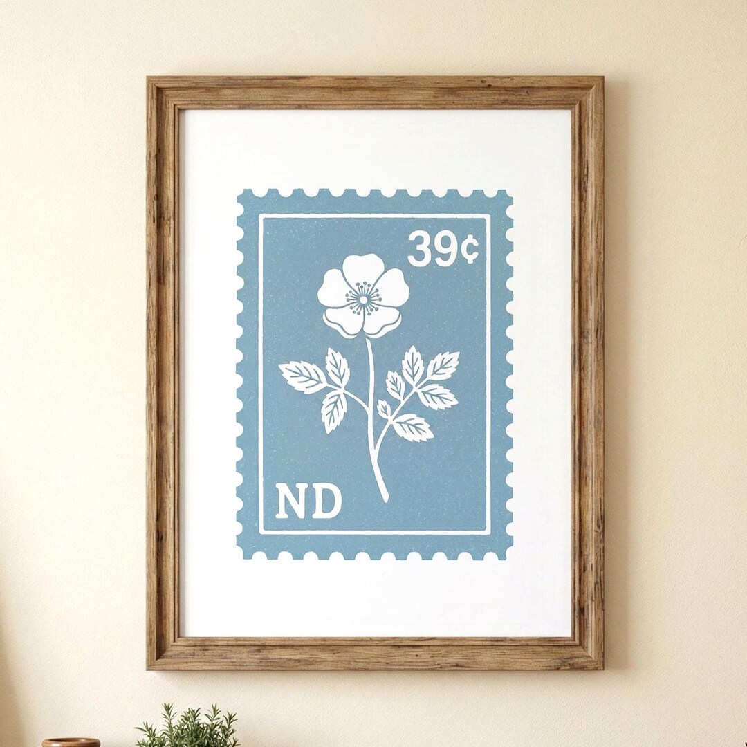 North Dakota State Flower Poster, Wild Prairie Rose Botanical Stamp Art ...