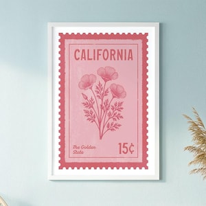 California Travel Poster: Golden Poppy Vintage Stamp Style Wall Art (Digital Download)