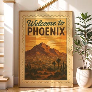 Impresión de Camelback Mountain, póster imprimible de ciudad (descarga digital), sello vintage de Phoenix, decoración de atardecer en el desierto de Arizona