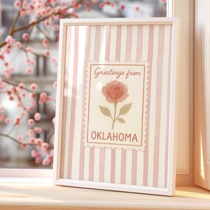 Oklahoma State Flower Poster, DIGITAL DOWNLOAD Wall Print, Watercolor Rose Botanical Art, Vintage USA State Bloom Illustration