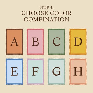 May include: An image with the text "STEP 4. CHOOSE COLOR COMBINATION" above eight rectangular color swatches. Each swatch is a different color, with a letter from A to H in the center. The swatches are in shades of orange, pink, green, yellow, blue, and peach.