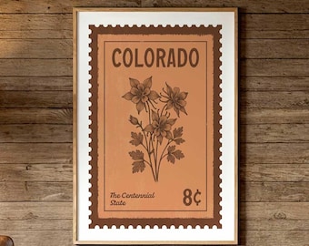 Colorado Travel Poster: Rocky Mountain Columbine Vintage Stamp Wall Art (Digital Download)
