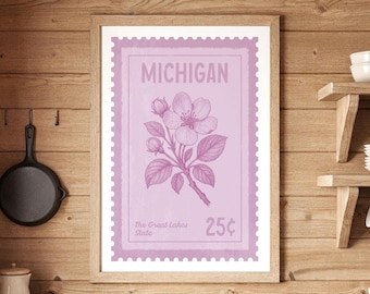 Michigan Travel Poster: Apple Blossom Vintage Stamp Art (Digital Download)
