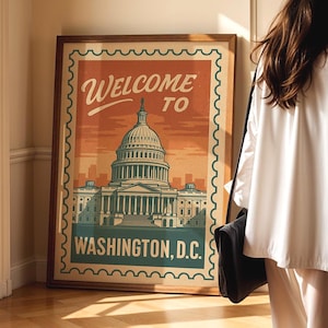 Póster imprimible de bienvenida a Washington DC, DESCARGA DIGITAL, Impresión de sellos del Capitolio vintage, Póster de sellos vintage de la ciudad, Arte mural de viajes retro
