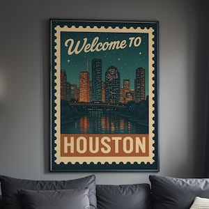 Póster retro de Houston, póster personalizable de la ciudad (descarga digital), arte mural con sellos postales antiguos, impresión retro del horizonte de la ciudad.