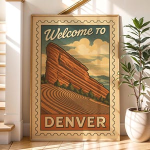 Welcome to Red Rocks Amphitheatre Poster, Denver Colorado DIGITAL DOWNLOAD, Retro Travel Printable Wall Art, Vintage Mountain Stamp Decor