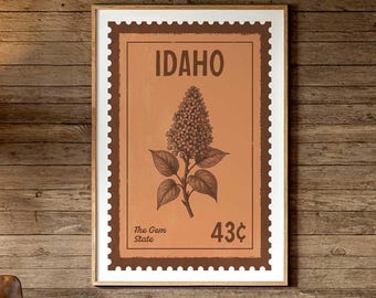 Plakat podróżniczy z Idaho: Syringa w stylu vintage Stamp Art (do pobrania w wersji cyfrowej)