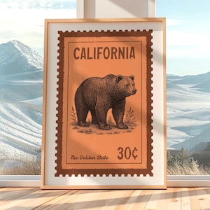 California Grizzly Bear Poster, Retro California Stamp DIGITAL DOWNLOAD, Vintage Wildlife Wall Art, Bear Illustration Printable Decor