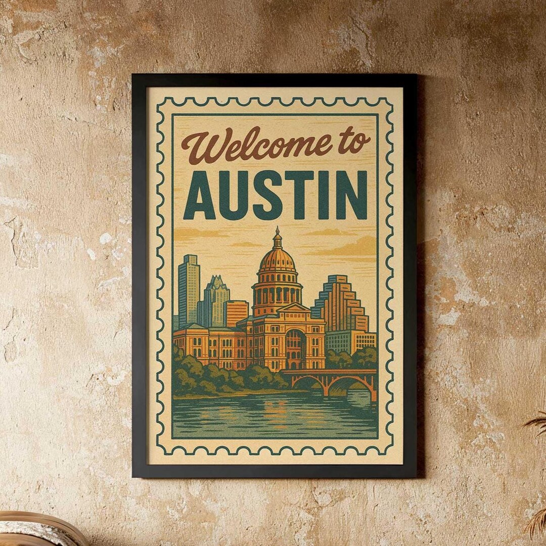 Austin Travel Poster: Texas Capitol Vintage Stamp Wall Art (digital ...