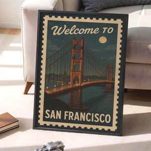 Willkommen in San Francisco Stadt Poster DIGITAL DOWNLOAD, Golden Gate Nacht Ansicht, Retro Style druckbare Reise Wandkunst