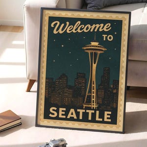 Póster de la Aguja Espacial de Seattle, póster imprimible de la ciudad (descarga digital), sello vintage imprimible, arte de la ciudad de Seattle