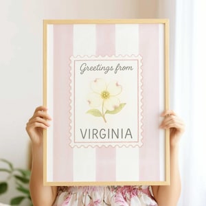 Virginia State Flower Wall Art, DIGITAL DOWNLOAD, Dogwood Blossom Print, Soft Watercolor Botanical Poster, Custom USA State Stamp