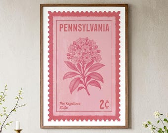 Pennsylvania Travel Poster: Mountain Laurel Vintage Stamp Style Wall Art (Digital Download)