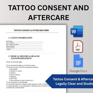 Tattoo Consent and Aftercare Form | Word, Google Docs & Fillable PDF | Editable Tattoo Waiver Template with Aftercare Instructions A4