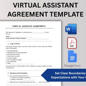 May include: A white document titled "VIRTUAL ASSISTANT AGREEMENT TEMPLATE" with fillable fields and checkboxes. Icons for Word, PDF, and Google Docs are on the right. A blue banner at the bottom reads "Set Clear Boundaries and Expectations with Your Clients."