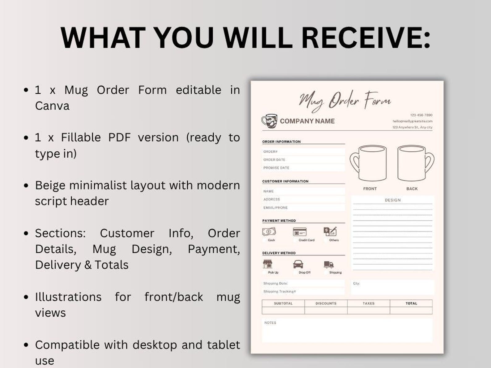 Mug Order Form Template: Editable PDF & Canva, Beige Design - Etsy