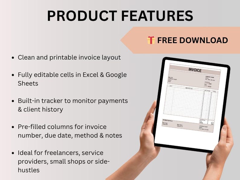 Free Invoice Template: Editable Excel & Google Sheets (digital Download ...
