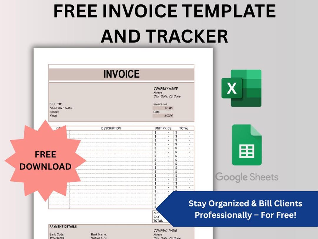 Free Invoice Template: Editable Excel & Google Sheets (digital Download ...