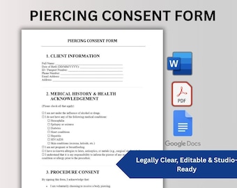 Piercing Einverständniserklärung: Medizinische Checkliste & Studio Waiver (ausfüllbares PDF, Word, Google Docs, A4)