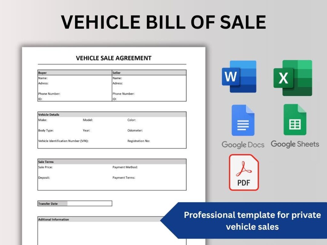 Vehicle Bill of Sale Template | Editable Agreement (PDF, Word, Google ...