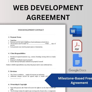 May include: A web development agreement document with the title "WEB DEVELOPMENT AGREEMENT" at the top. The document includes sections on payment terms, client responsibilities, and revisions. Icons for Word, PDF, and Google Docs are visible.