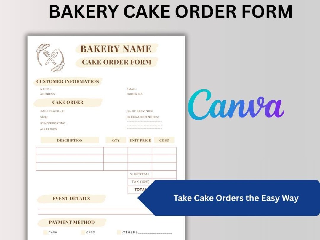Bakery Cake Order Form Template: Editable Canva Sheet (PDF) - Etsy