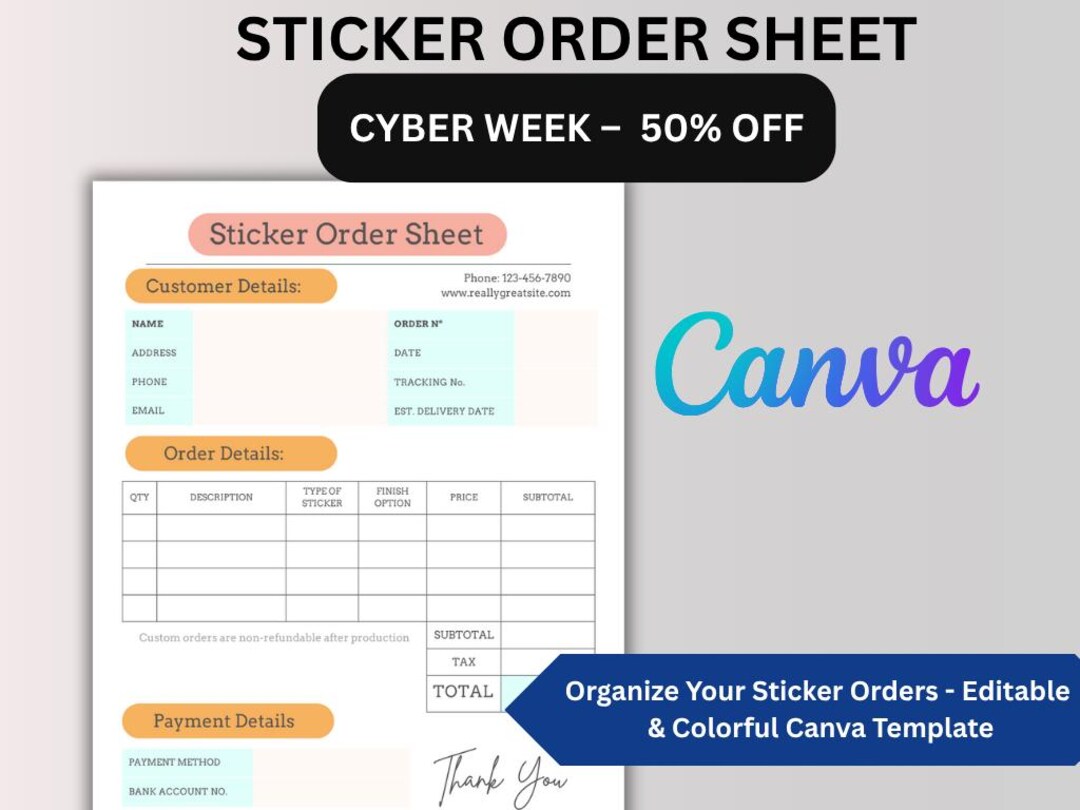 Sticker Order Sheet Template: Canva Editable Printable (PDF, A4/US ...