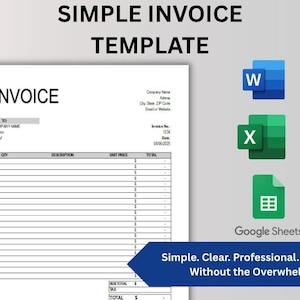 Simple Invoice Template – Clean Billing Sheet for Freelancers & Small Business | Excel, Word and Google Sheets | Editable/Printable Format
