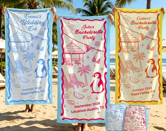 May include: Three rectangular beach towels with custom text and tropical illustrations including palm trees, lounge chairs, and penguins. The towels feature wavy borders in blue, red, and yellow, with matching drawstring bags displayed below.
