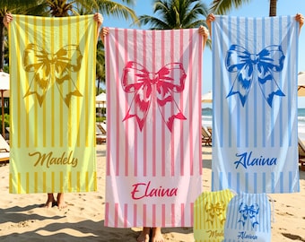 Personalized Fashion Girl Design Beach Towels,Custom Name Bow Striped  Bath Towel,Swimming Pool Towel,Toddler Towels,The Best Birthday Gifts