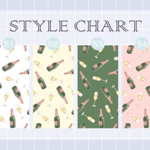 May include: A style chart featuring four different patterns. Each pattern includes champagne bottles and glasses. The backgrounds are white, yellow, green, and pink. The text "STYLE CHART" is at the top.
