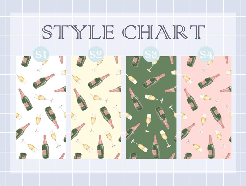 May include: A style chart featuring four different patterns. Each pattern includes champagne bottles and glasses. The backgrounds are white, yellow, green, and pink. The text "STYLE CHART" is at the top.