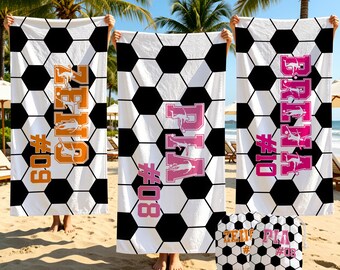 Personalized Soccer Pattern Beach Towel,Custom Name Summer Vacation Gift,Signature Beach Towel For Player,Soccer Team Pool Towel,PicnicTowel